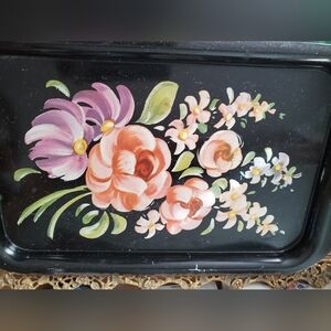 Floral & Fruit Painted Black Metal Trays